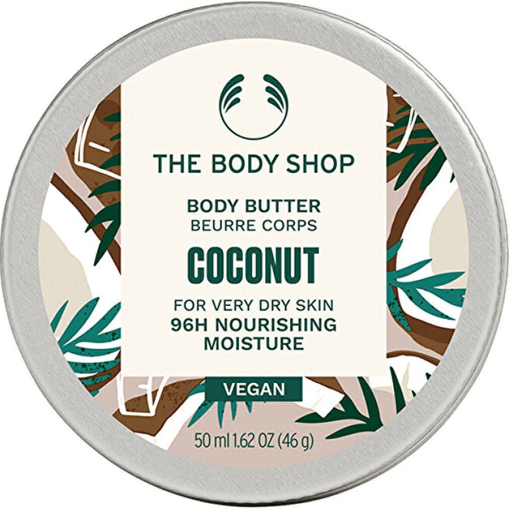 Runde Dose Body Butter von The Body Shop. Aufschrift: Kokosnuss, für sehr trockene Haut, 96h Feuchtigkeit. Vegan. 50 ml.