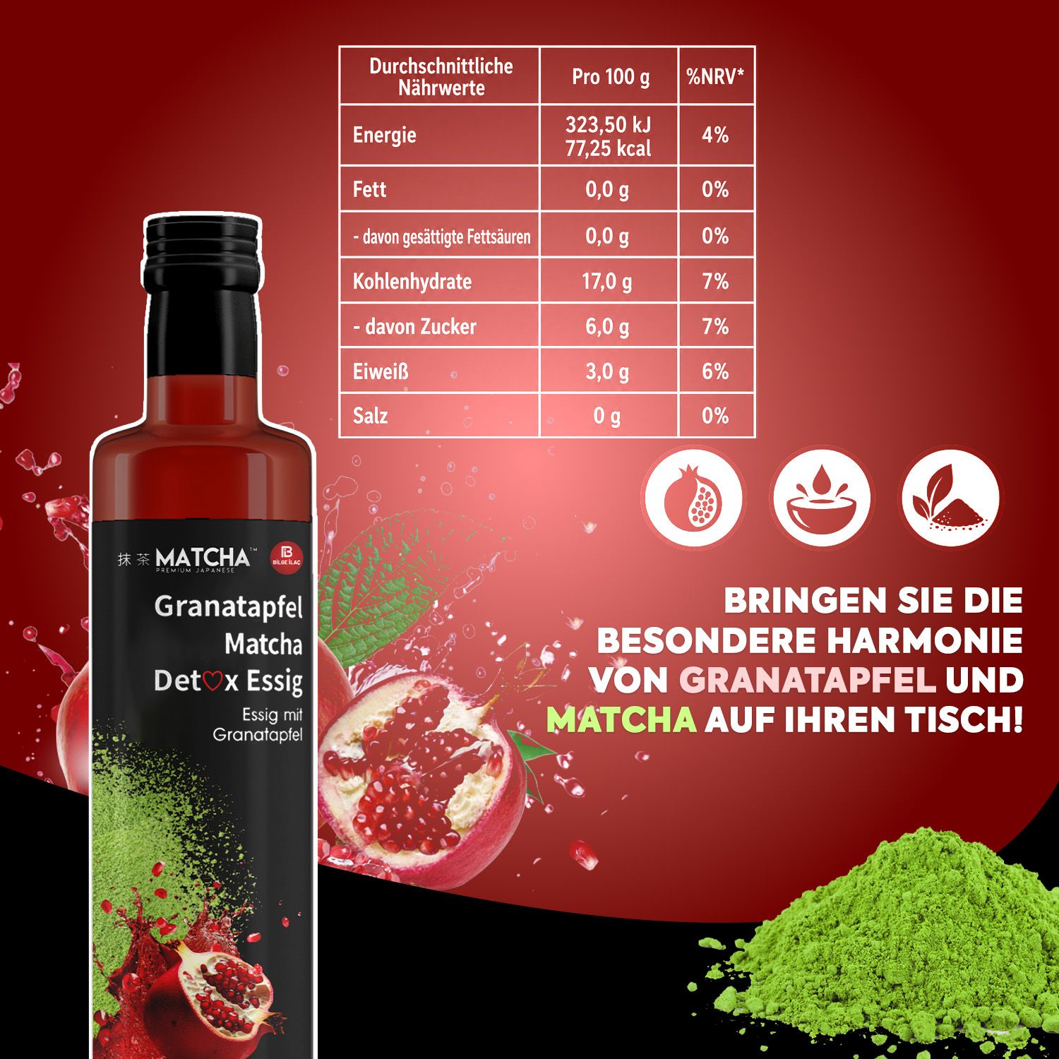 Bilge İlaç Matcha Premium Japanese Narlı Matchalı Detox-Essig