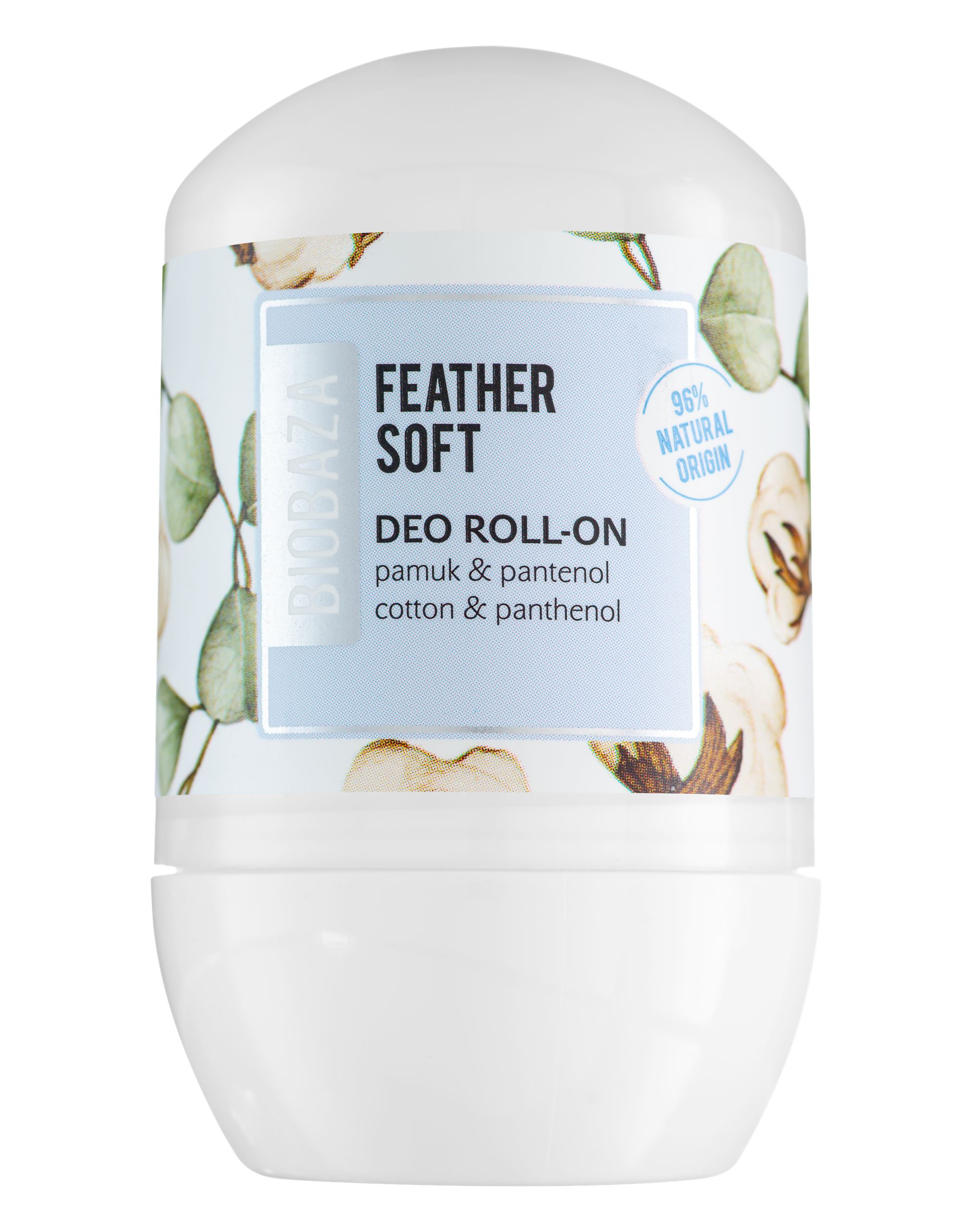 Weißer Roll-On-Deo-Behälter mit floralem Muster. Aufschrift: Feather Soft, Deo Roll-On, 96% Natural Origin. Marke: Biobaza.