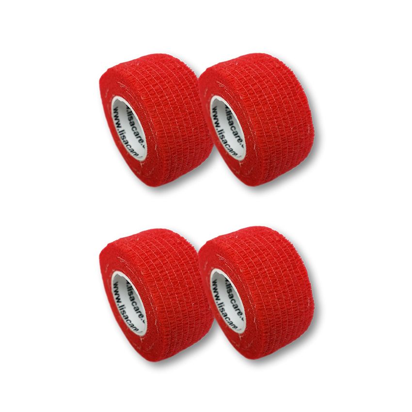 Vier rote Rollen Fingerpflaster. Produktname nicht sichtbar. Weißer Kern, rotes Netzgewebe.