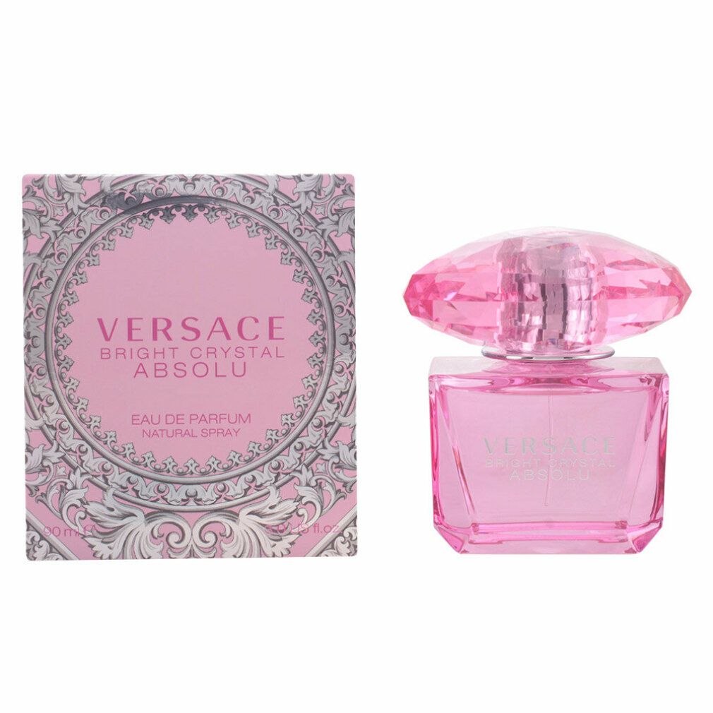 Rosa Flakon mit Kristallverschluss und Verpackung. Aufschrift: Versace Bright Crystal Absolu Eau De Parfum.