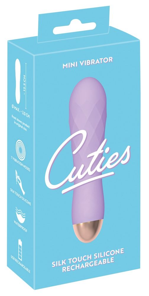 Verpackung eines lila Mini-Vibrators mit Produktmerkmalen wie 7 Vibrationsmodi und Wasserdichtigkeit.