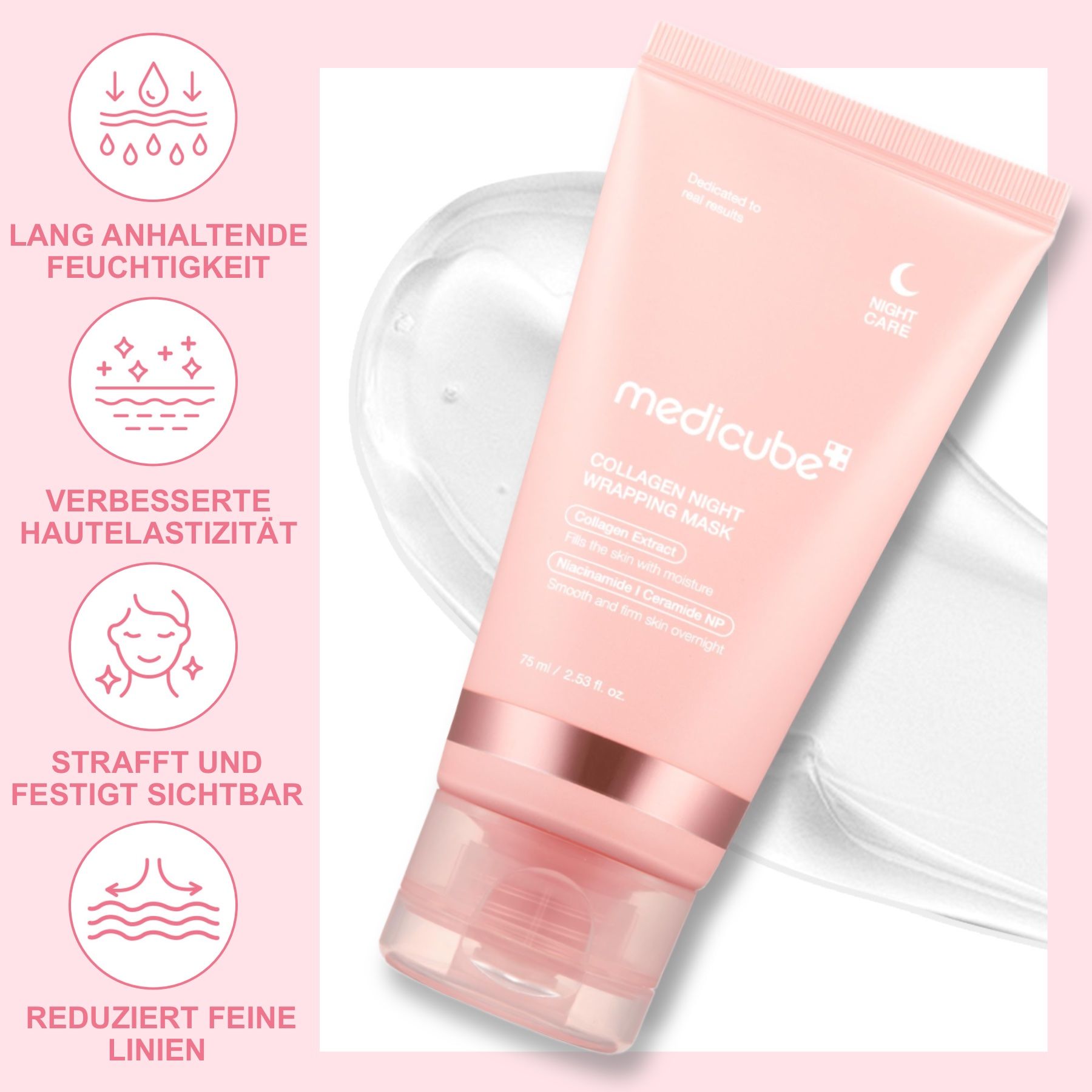 Tube Medicube Collagen Night Wrapping Mask. Vorteile: langanhaltende Feuchtigkeit, verbesserte Hautelastizität, strafft und festigt, reduziert feine Linien.