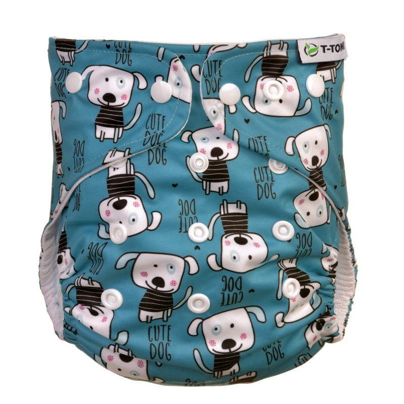Stoffwindel mit Hunde-Motiv, Druckknöpfe, blau. Außenmuster mit Hunden und Schriftzug "Cute Dog".