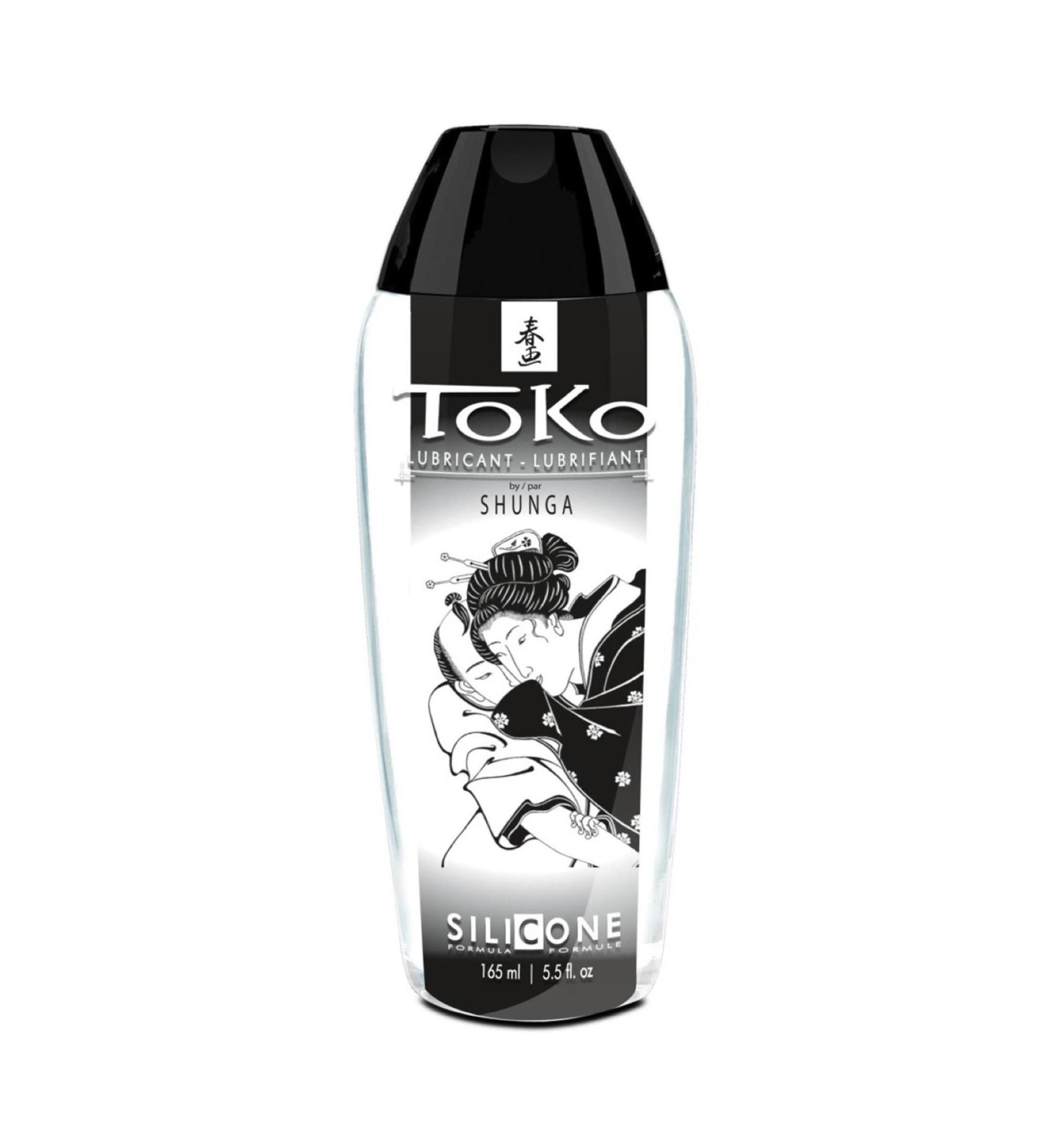 Gleitmittelflasche mit schwarzem Deckel. Marke Toko, mit Grafik einer Frau. Volumen: 165 ml.