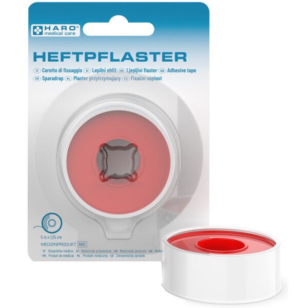 Haro Heftpflaster. Weiße Rolle mit roter Mitte, in Verpackung. Aufschrift: HEFTPFLASTER, MEDIZINPRODUKT.