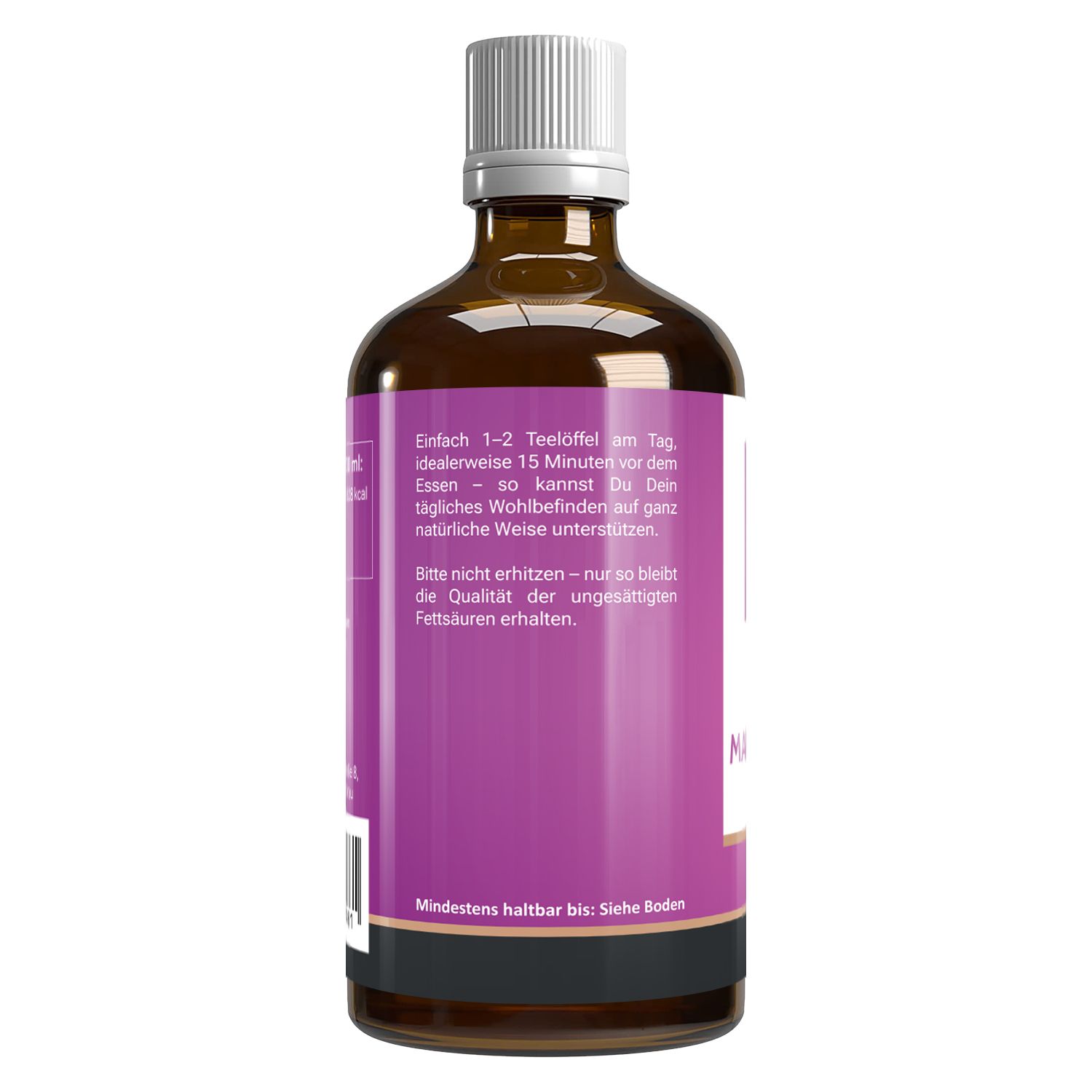 Rückseite der braunen Glasflasche mit weißem Deckel. Text: Anwendung, Verwendung, Mindesthaltbarkeit.