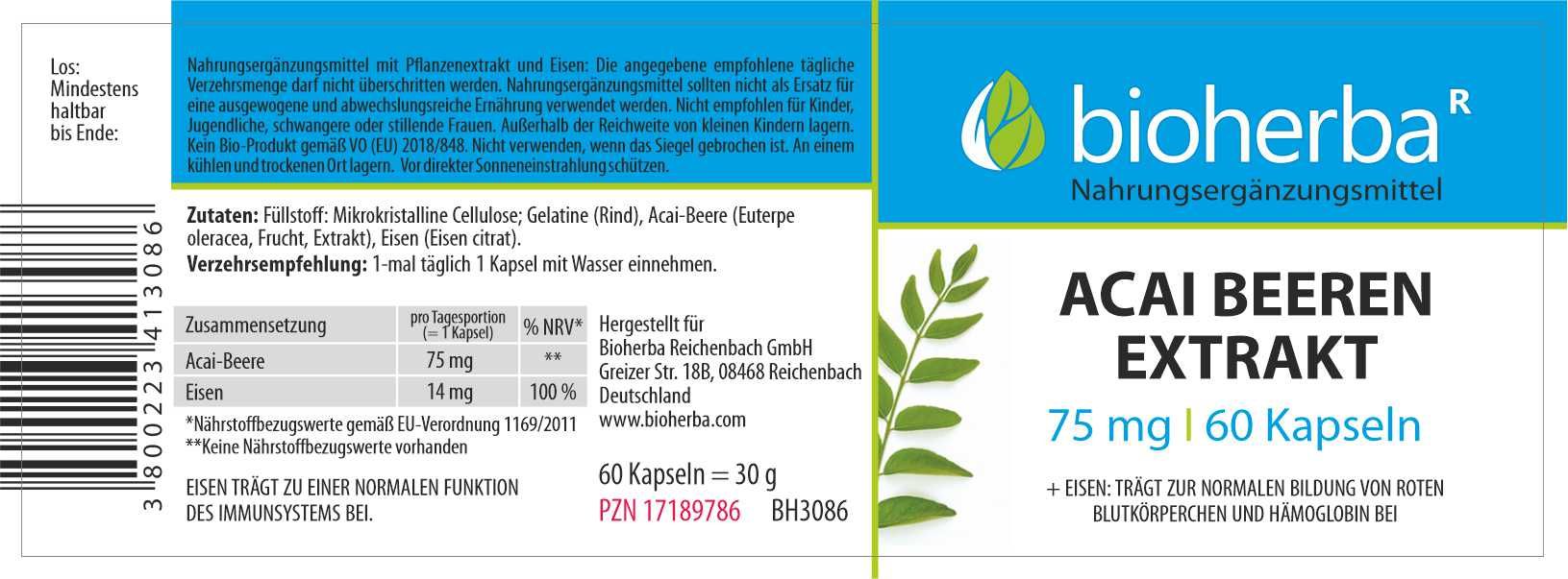 Bioherba Acai Beeren Extrakt Kapseln. Dose mit Etikett. Enthält 60 Kapseln. Angaben zu Inhaltsstoffen und Nährwerten.