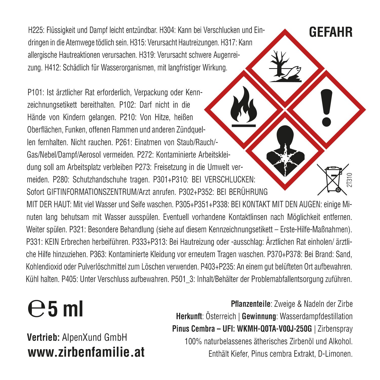 Etikett mit Gefahrensymbolen und Text. Enthält Informationen zu Inhaltsstoffen und Hersteller. E5 ml.