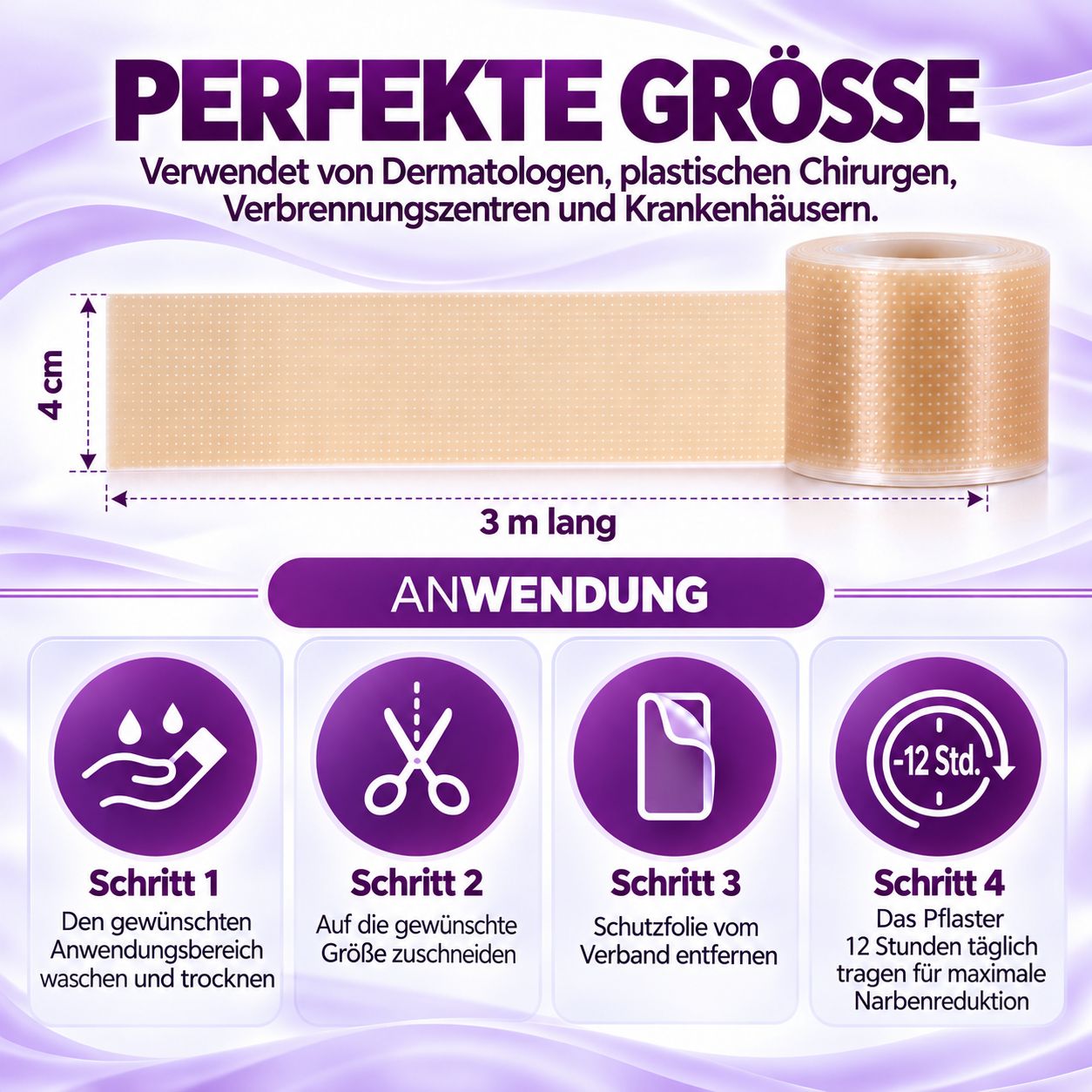 Leiqier Silikon-Narbenpflaster Rolle, 3m lang, 4cm breit.