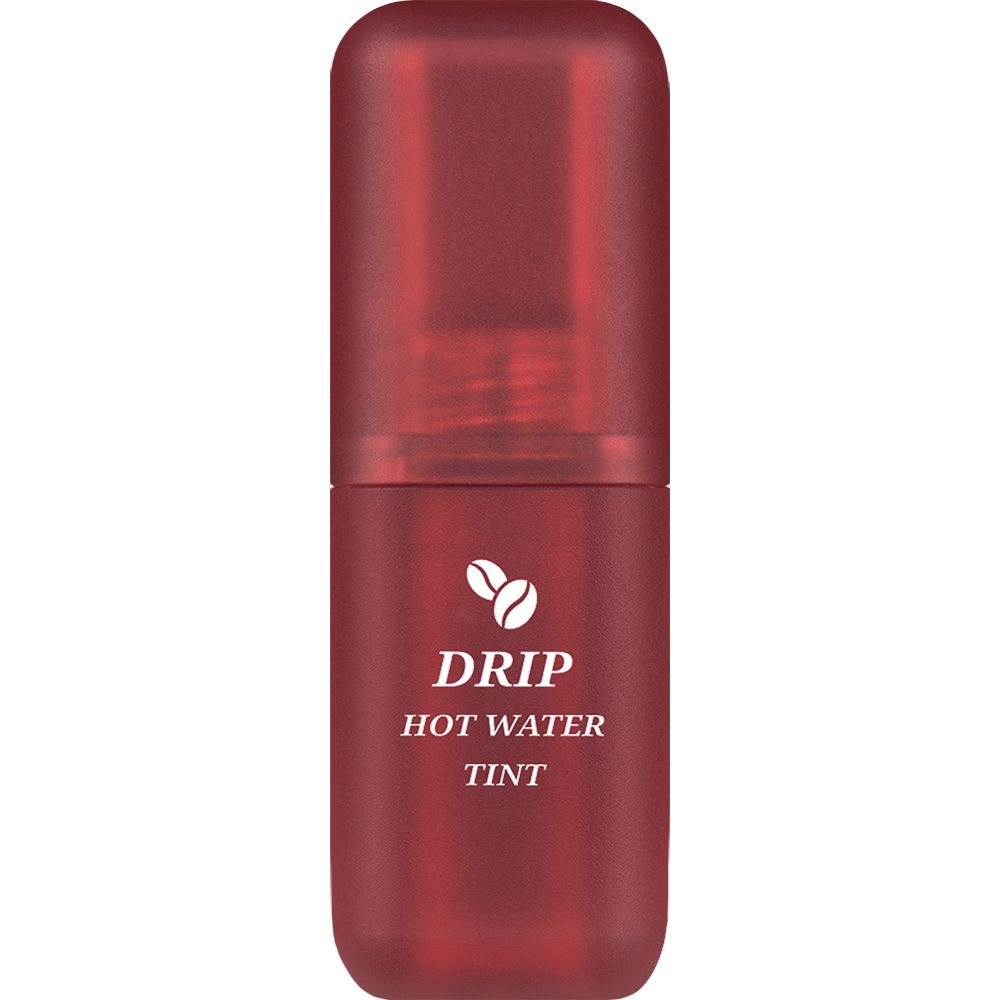 Roter Lip Tint-Behälter mit Aufschrift 'Drip Hot Water Tint'. Kaffeebohnen-Symbol. Geschlossener Deckel.