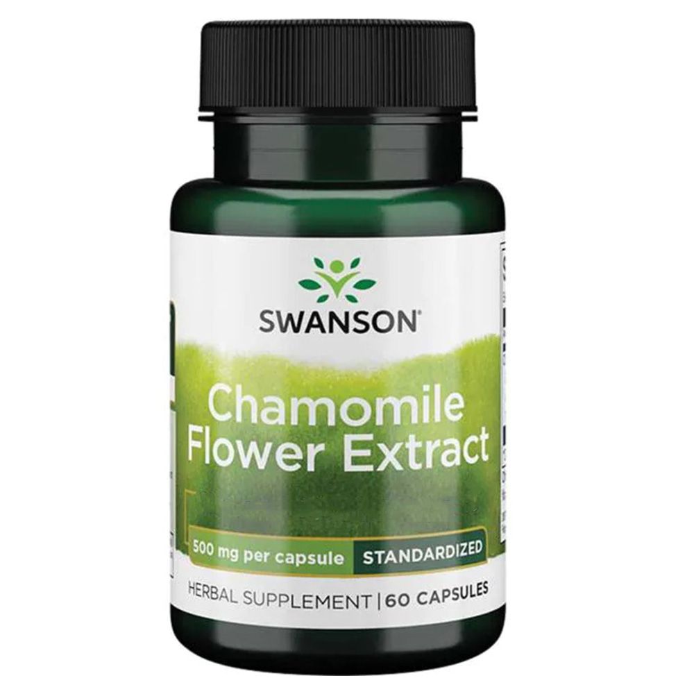 Grüne Flasche mit schwarzem Deckel. Aufschrift: Swanson Chamomille Flower Extract, 500 mg pro Kapsel, 60 Kapseln.