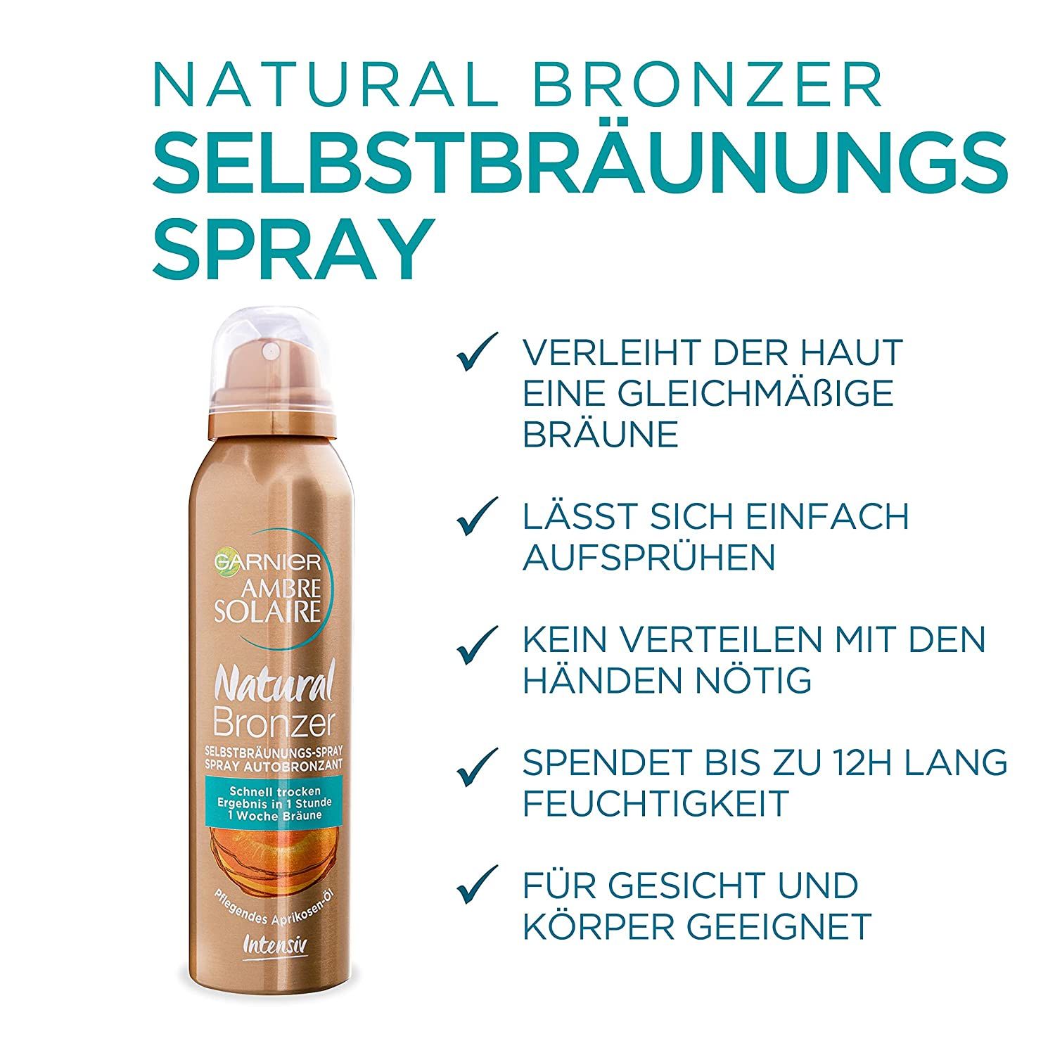 Garnier Ambre Solaire Natural Bronzer Selbstbräunungs-Spray. Braune Sprühflasche. Text: gleichmäßige Bräune, Gesicht & Körper.