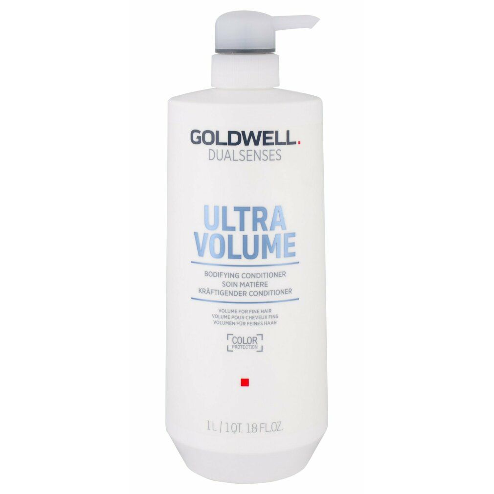 Weiße Flasche mit Pumpe. Aufschrift: GOLDWELL DUALSENSES ULTRA VOLUME. Text in Englisch, Französisch und Deutsch. 1L.