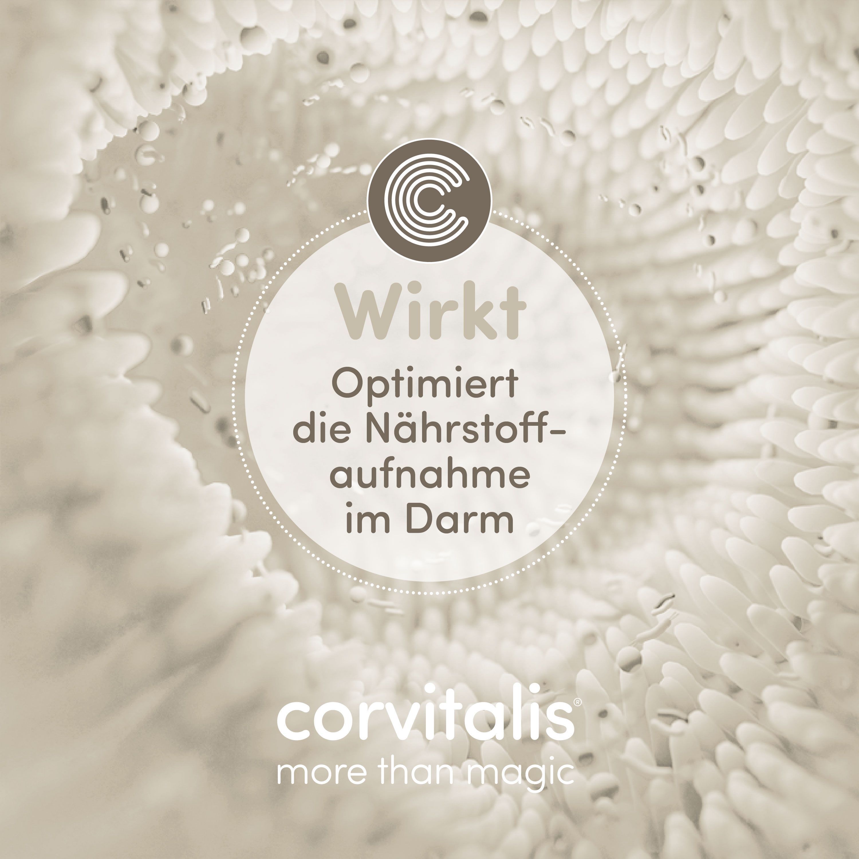 Kreisförmiges Logo corvitalis. Text: Wirkt. Optimiert die Nährstoffaufnahme im Darm. Hintergrund: Blüten.