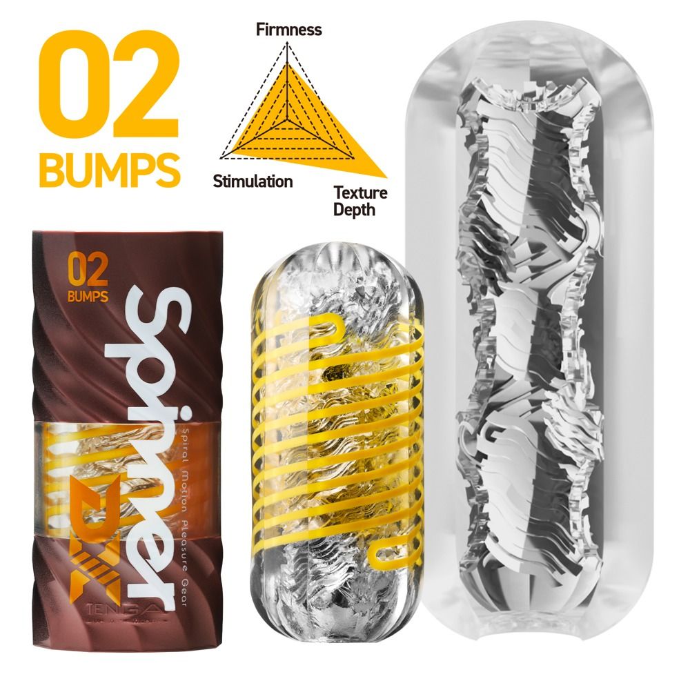 TENGA Spinner Deluxe Masturbator, Verpackung und Schnittansicht mit gelben Spiralen und silberner Struktur.