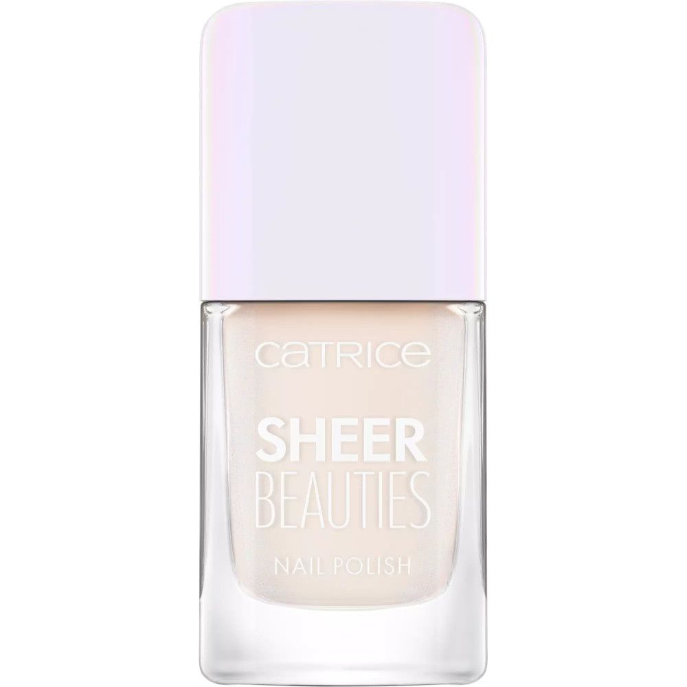 Nagellackflasche mit weißem Deckel. Aufschrift: CATRICE SHEER BEAUTIES NAIL POLISH.