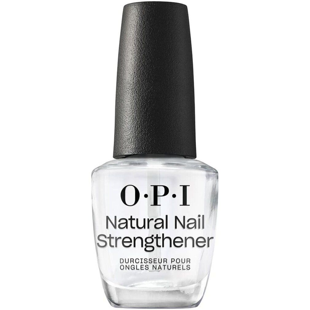 Klare Nagellackflasche mit schwarzem Deckel. O.P.I Natural Nail Strengthener-Etikett. Französische Aufschrift: Durcisseur pour ongles naturels.