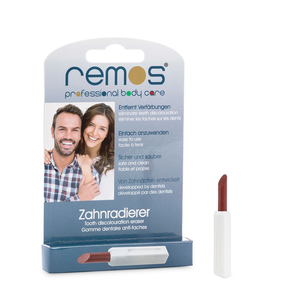 REMOS Zahnradierer in Verpackung. Entfernt Verfärbungen, einfache Anwendung, sicher & sauber.