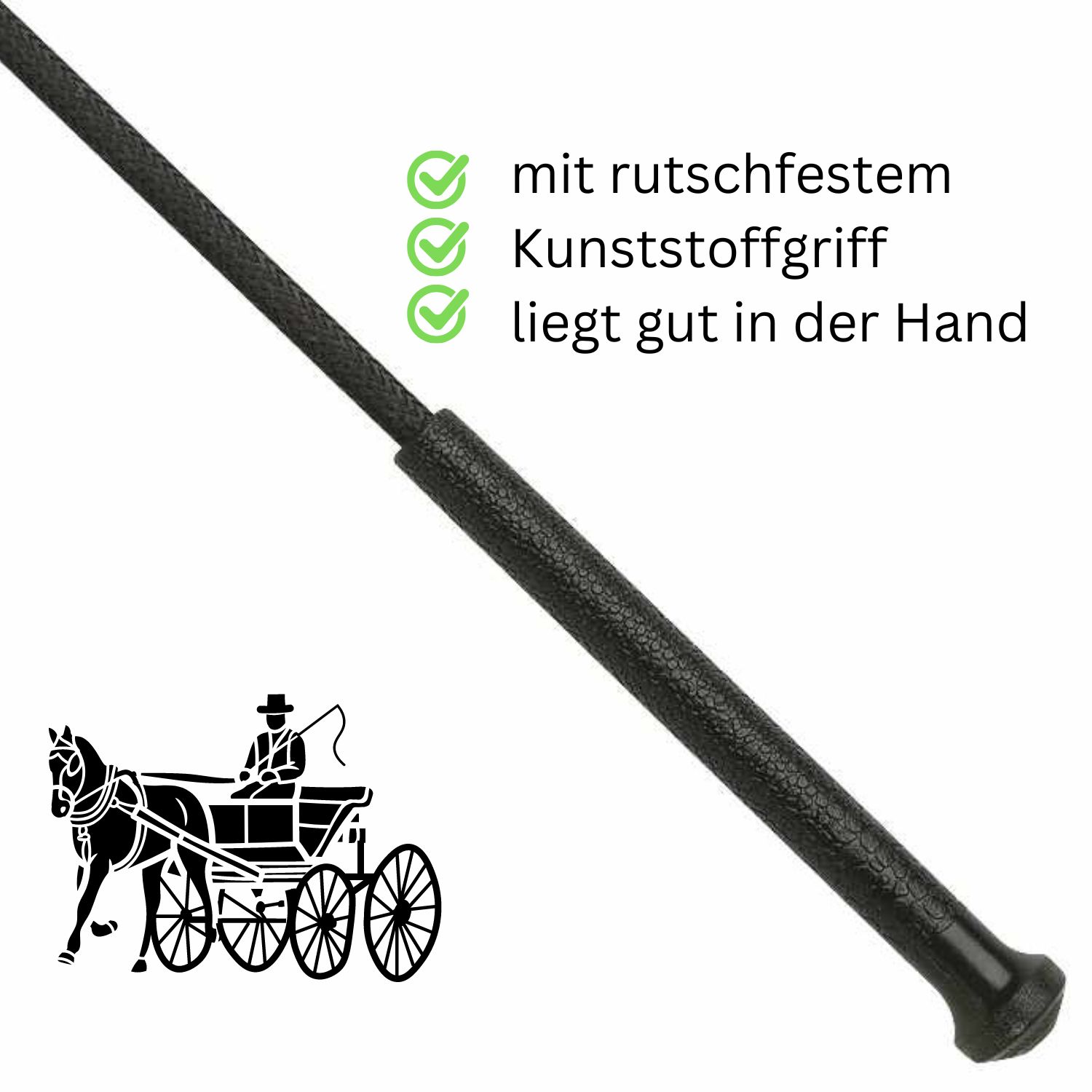Schwarze Fahrpeitsche mit rutschfestem Kunststoffgriff. Text: liegt gut in der Hand.