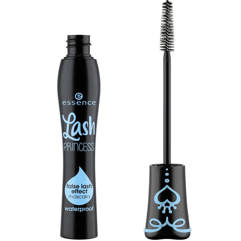 Schwarze Mascarabürste mit blauem Design und Bürste. Schriftzug: Essence Lash Princess, false lash effect mascara, waterproof.