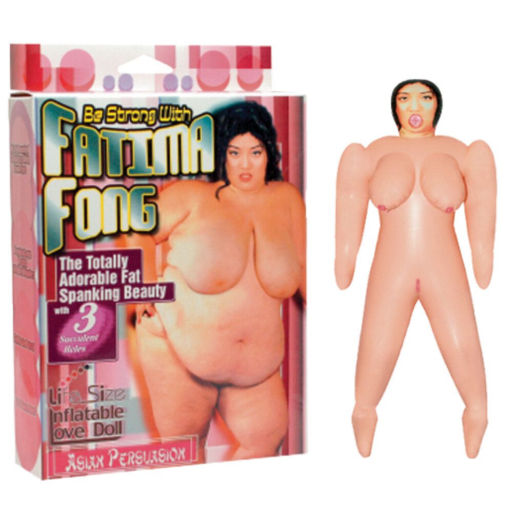 Produktverpackung und aufblasbare Puppe. Verpackung mit Produktname und Abbildung. Puppe: Hautfarben, Brüste, Arme, Beine.