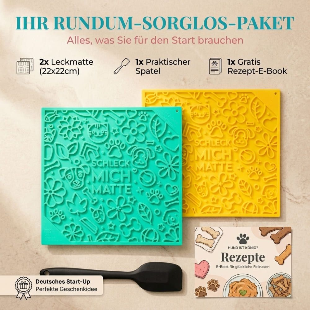 Zwei Leckmatten (22x22cm), Spatel und Rezept-E-Book. Grüne und gelbe Matten mit Mustern. Deutsches Start-up.