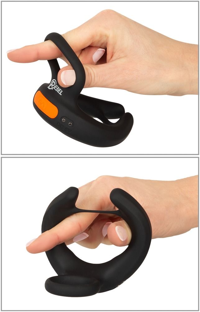 Zwei Ansichten einer Hand, die den schwarzen Hodenvibrator mit orangefarbenem Akzent hält.