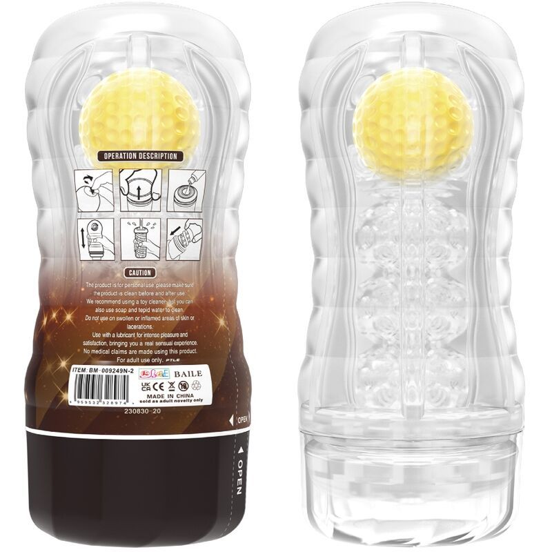 Vakuum-Cup-Masturbator. Transparentes Gehäuse, brauner Sockel. Gelber Einsatz. Text: VACUUM CUP MASTURBATOR, Stellar, PRETTY LOVE.