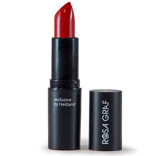 Roter Lippenstift, schwarze Hülse. Auf der Hülse steht "ROSA GRAF" und "exclusive by Heitland". Deckel daneben.