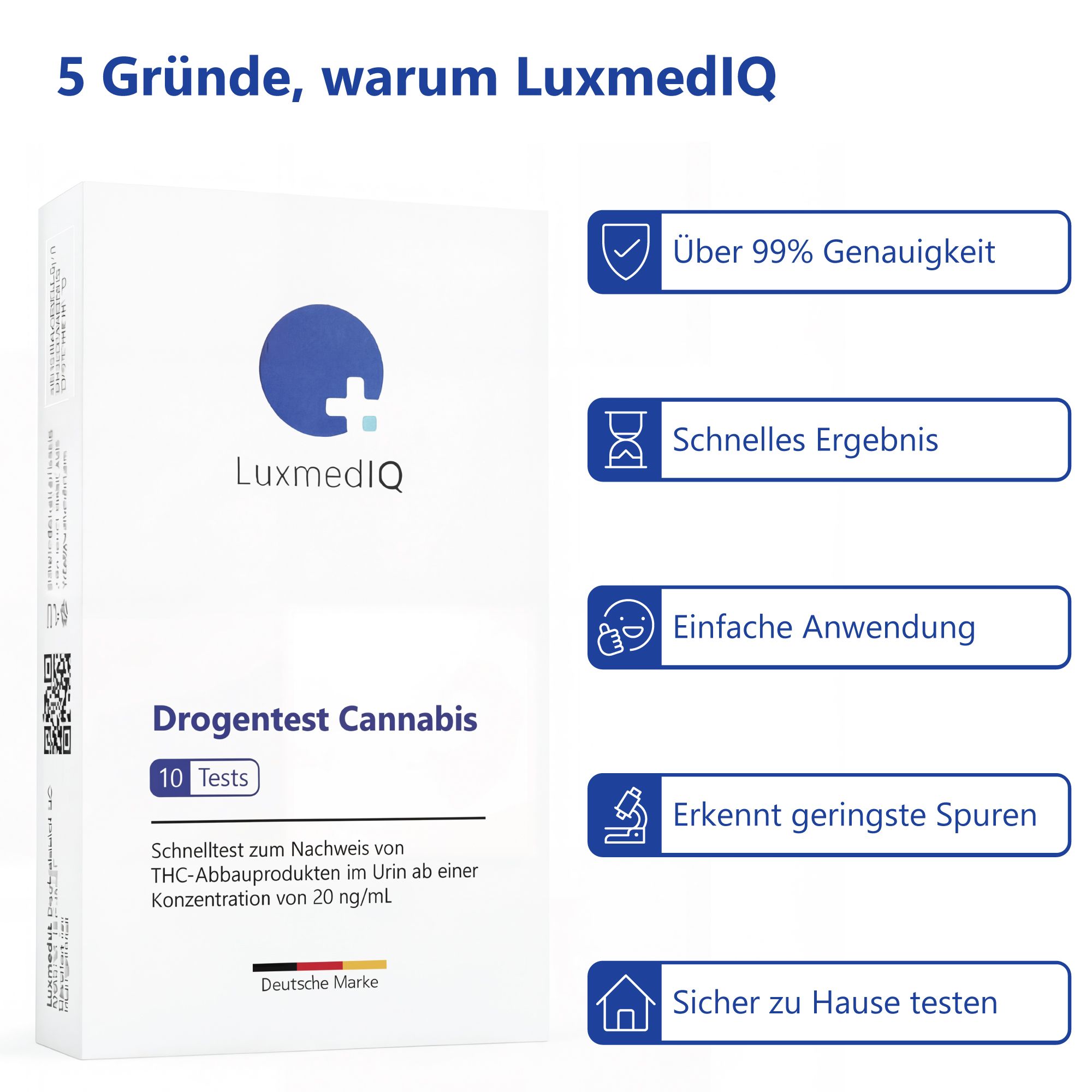 Weiße Box mit Logo und Text: Drogenschnelltest Cannabis, 10 Tests. Grafiken: Genauigkeit, schnelles Ergebnis, einfache Anwendung, Spuren.