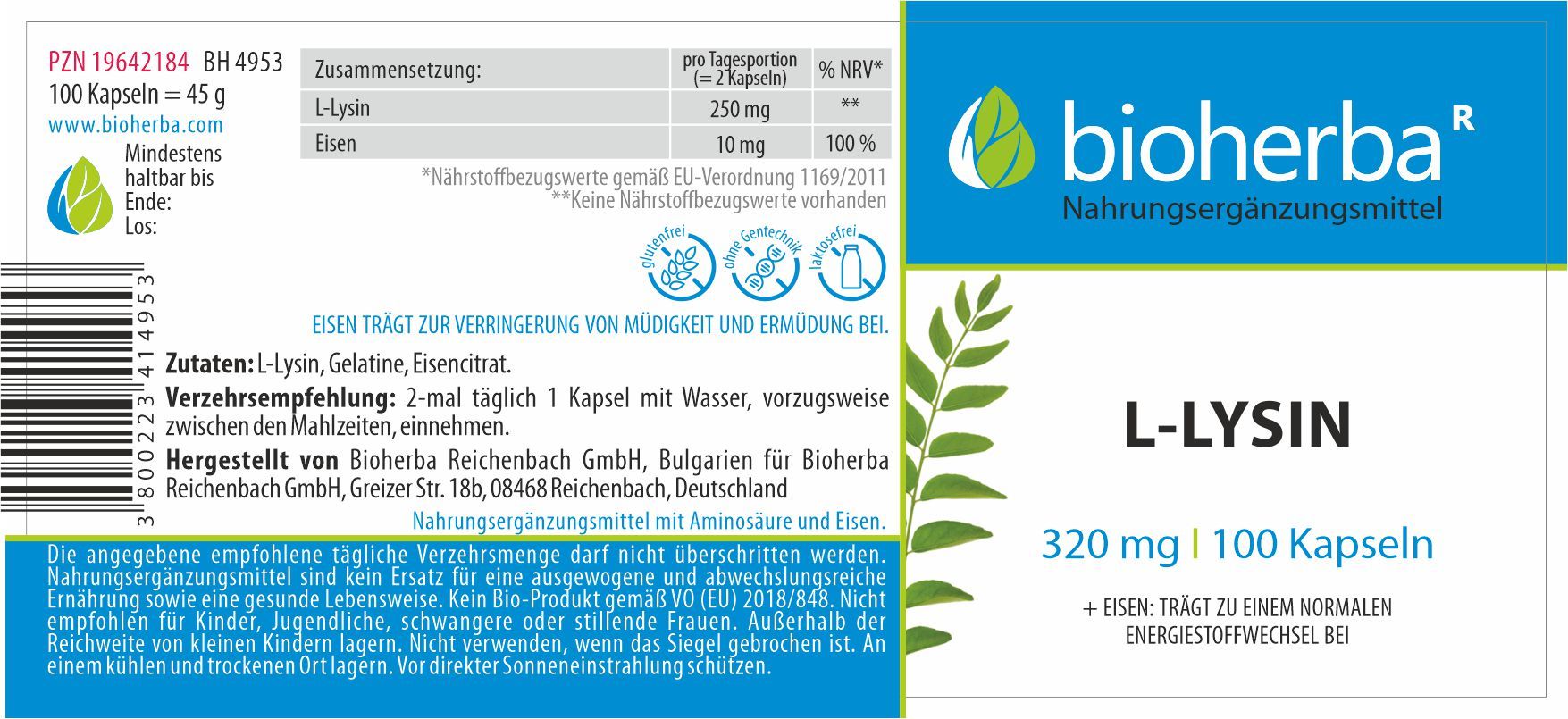 Etikett mit Produktinformationen. Enthält L-Lysin und Eisen. Text: Bioherba, L-Lysin 320 mg, 100 Kapseln. Zutaten, Verzehrempfehlung.