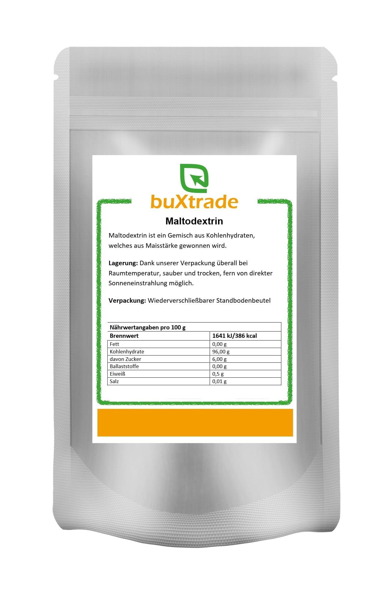 Beutel mit weißem Hintergrund. Aufschrift: buXtrade Maltodextrin. Nährwertangaben pro 100g. Wiederverschließbarer Standbodenbeutel.