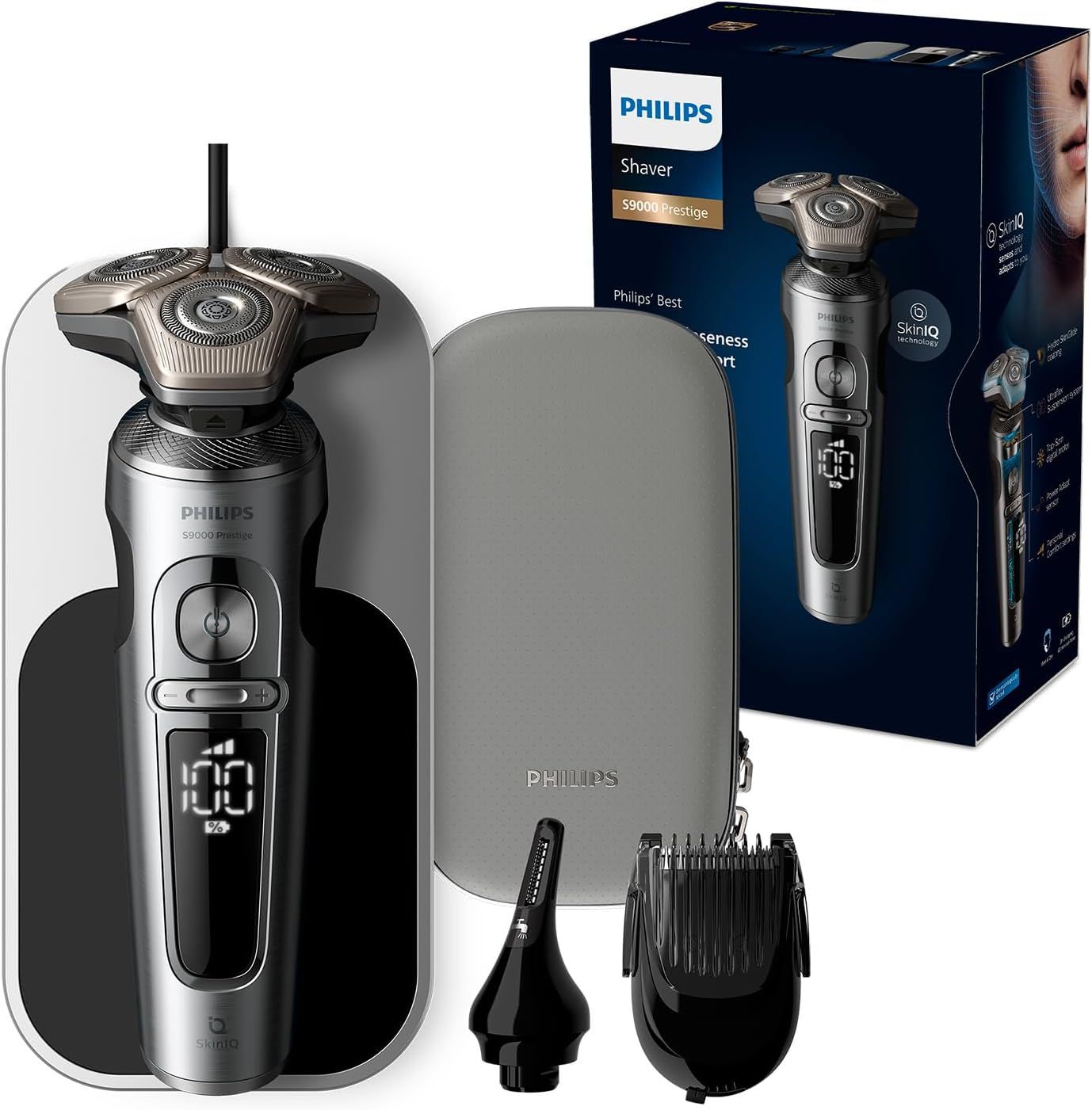 Rasierer mit Zubehör, Etui, Reinigungsbürste und Trimmer. Verpackung mit Produktabbildung und SkinIQ-Technologie.
