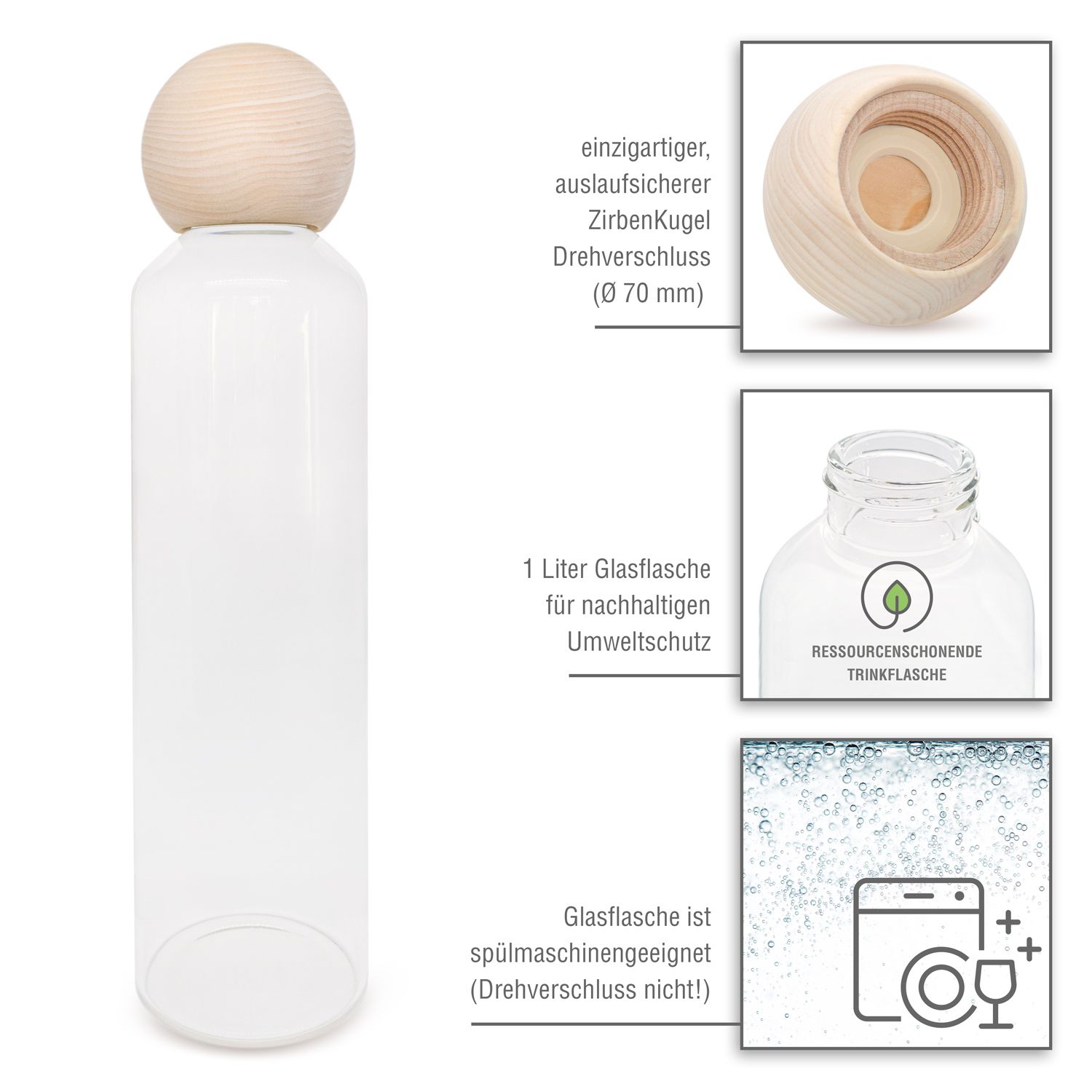Glasflasche mit Holzkugelverschluss. Details: 1 Liter, spülmaschinengeeignet (ohne Verschluss).
