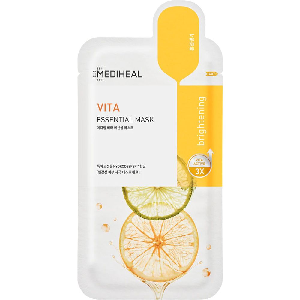 Gesichtsmaske MEDIHEAL Vita Essential. Weiße Verpackung mit gelbem Akzent. Abbildung von Zitrusfrüchten. Text: Vita Essential Mask, brightening.