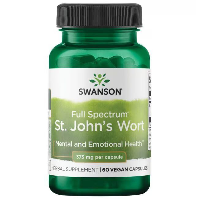 Grüne Flasche mit schwarzen Deckel. Aufschrift: SWANSON, Johanniskraut 375 mg, 60 vegane Kapseln.