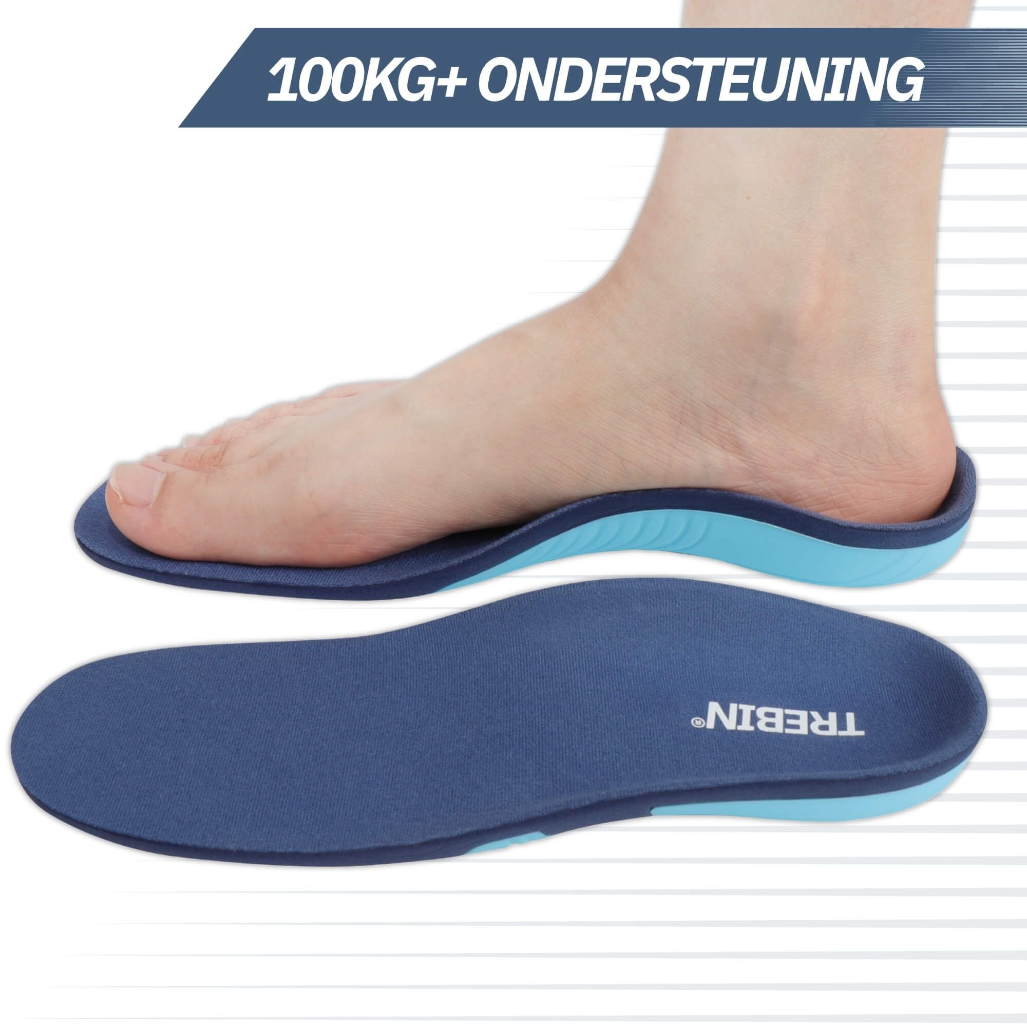 Fuß mit orthopädischer Einlegesohle, darunter eine weitere Einlegesohle.