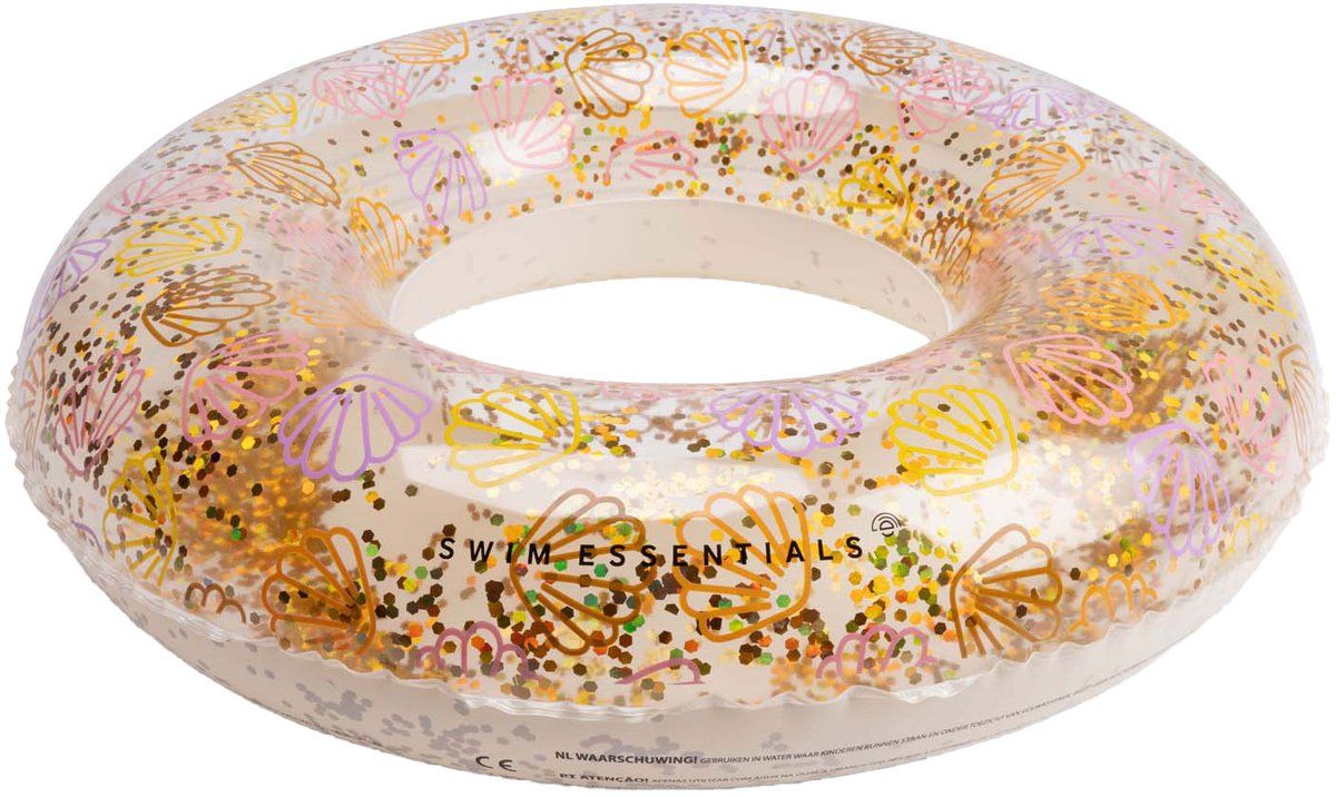 Aufblasbarer Schwimmring mit Muschel- und Glitzer-Design. Transparenter PVC-Ring mit bunten Akzenten.