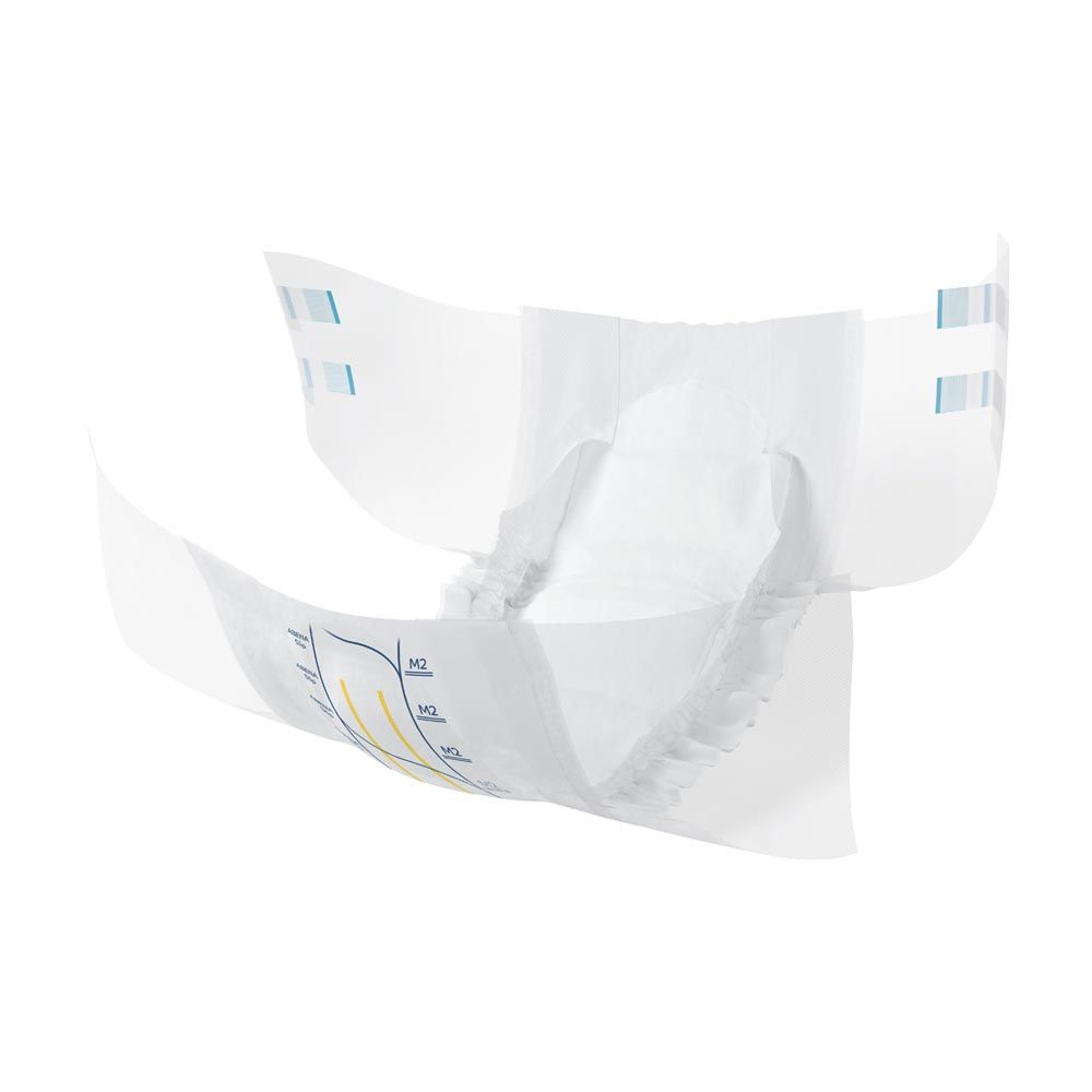 Offener ABENA Slip. Innenansicht mit gelben und blauen Markierungen. Weiße Oberfläche.
