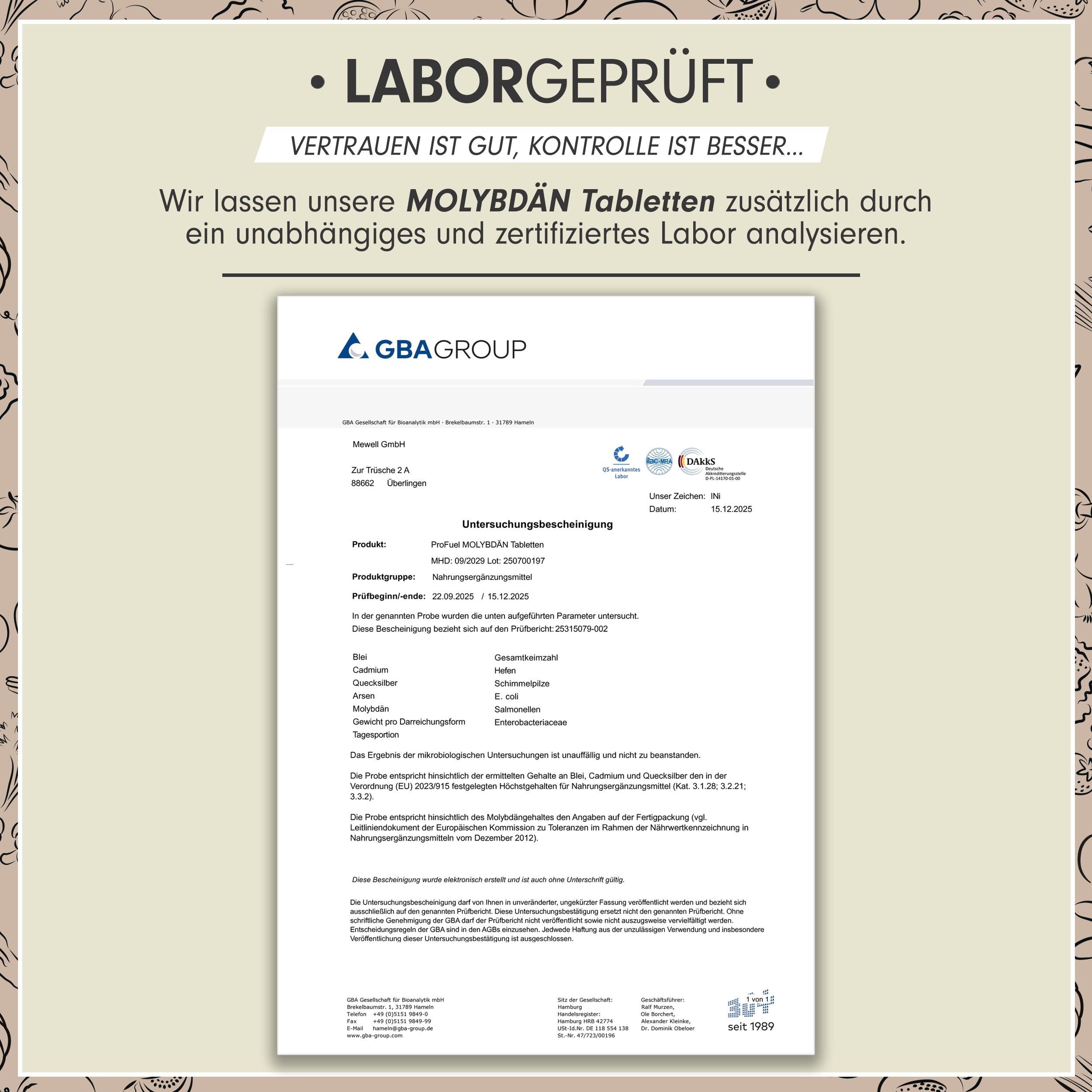 Laborbericht. Text auf weißem Hintergrund. Logo der GBA Group. Zertifizierung und Analyseergebnisse.