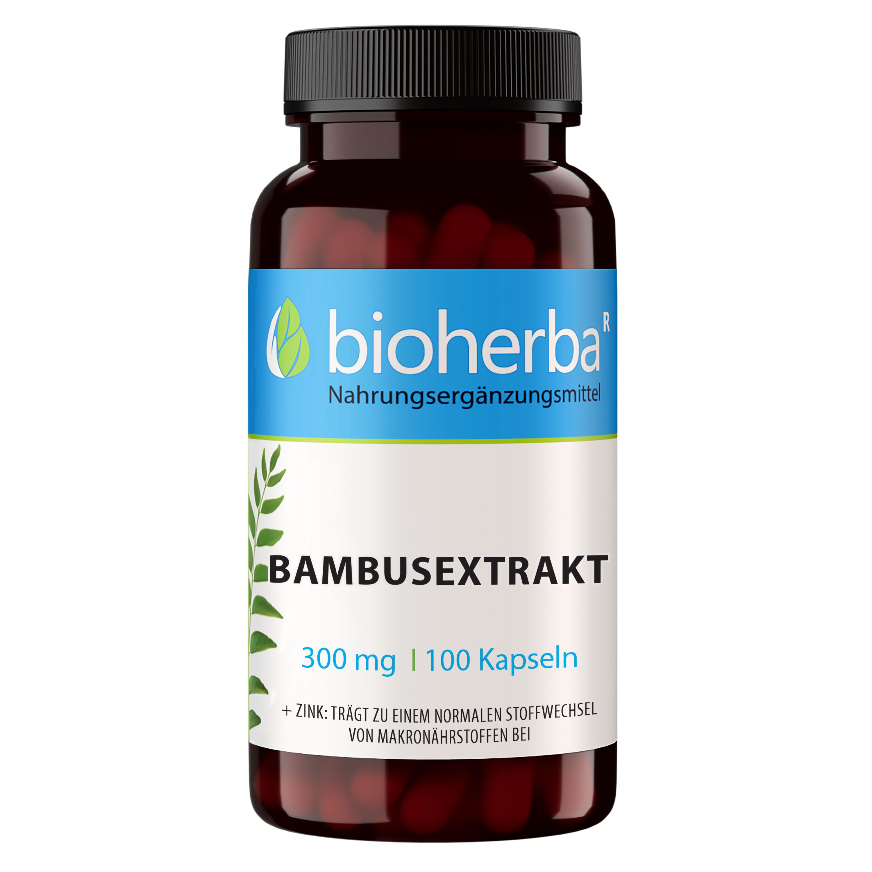 Braune Glasflasche mit schwarzen Deckel. Etikett mit Produktname, Marke und Inhaltsangaben. Kapseln sichtbar.