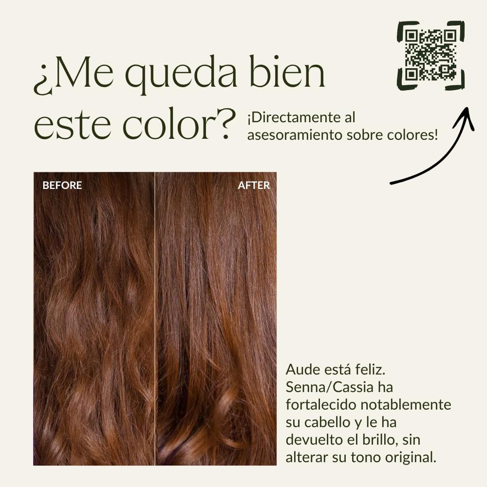 Vorher-Nachher-Vergleich von Haaren. Text: ¿Me queda bien este color? QR-Code. Senna/Cassia hat das Haar gestärkt.