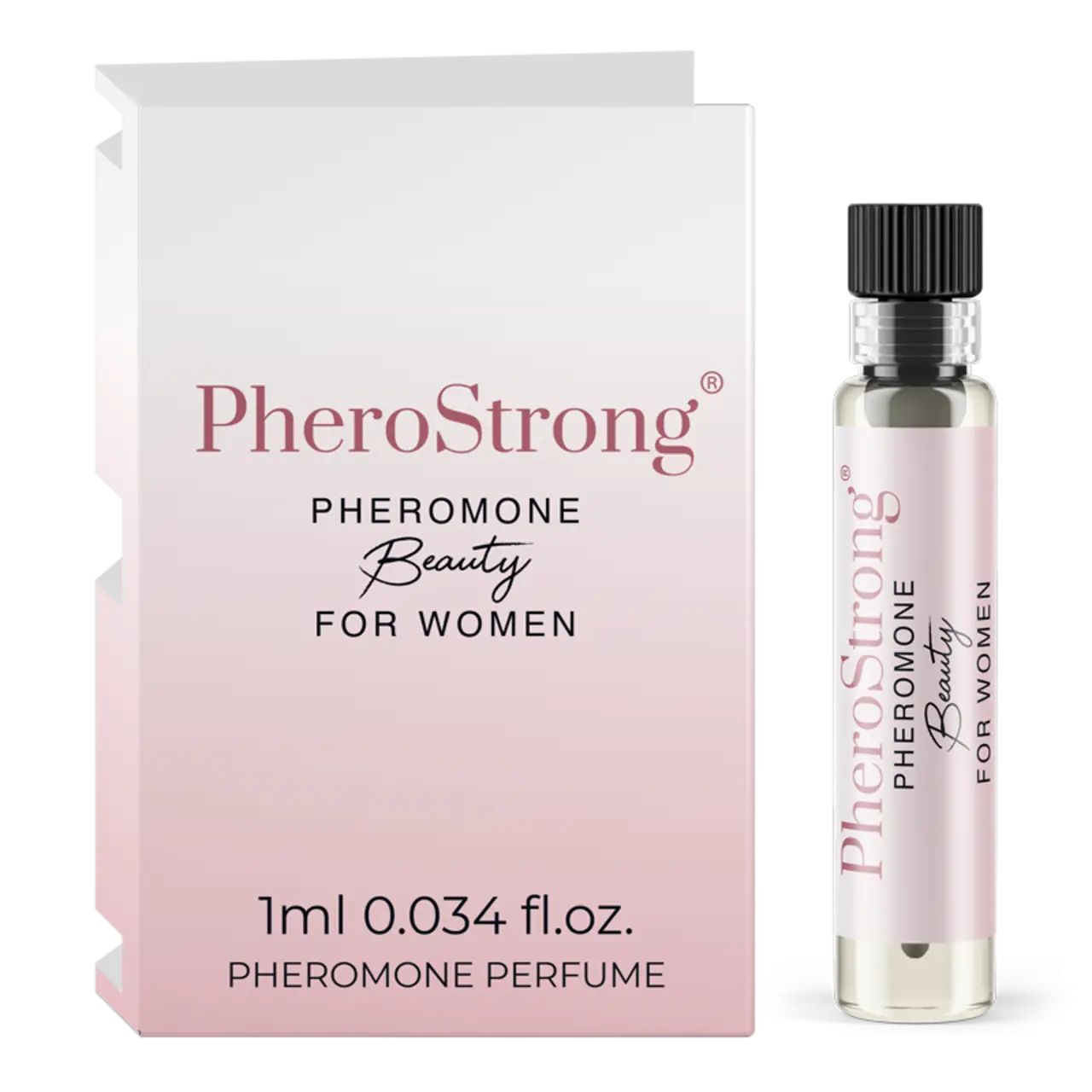 Karton und Flakon. Aufschrift: PheroStrong Pheromone Beauty für Frauen. 1ml. Pheromon-Parfüm.
