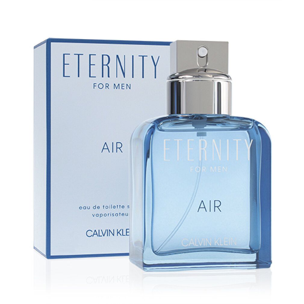 Calvin Klein Eternity Air for Men Eau de Toilette Flakon, blau, rechteckig, mit silbernem Zerstäuber.
