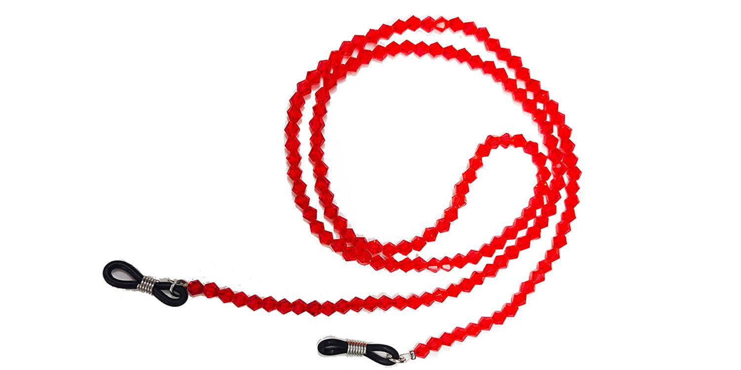 Rote Brillenkette mit facettierten Perlen. Schwarze Schlaufen zur Befestigung an Brillenbügeln.
