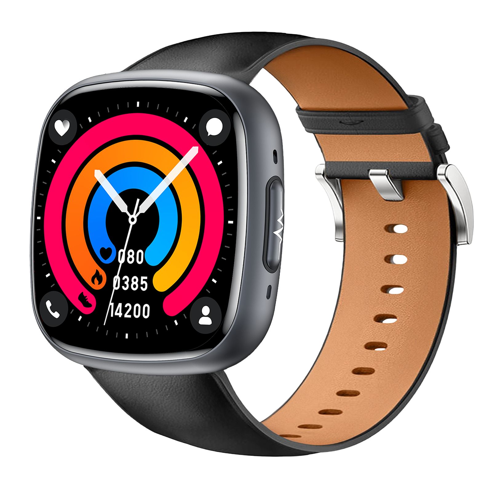 Smartwatch mit schwarzem Lederarmband und farbigem Display. Anzeige von Gesundheitsdaten.