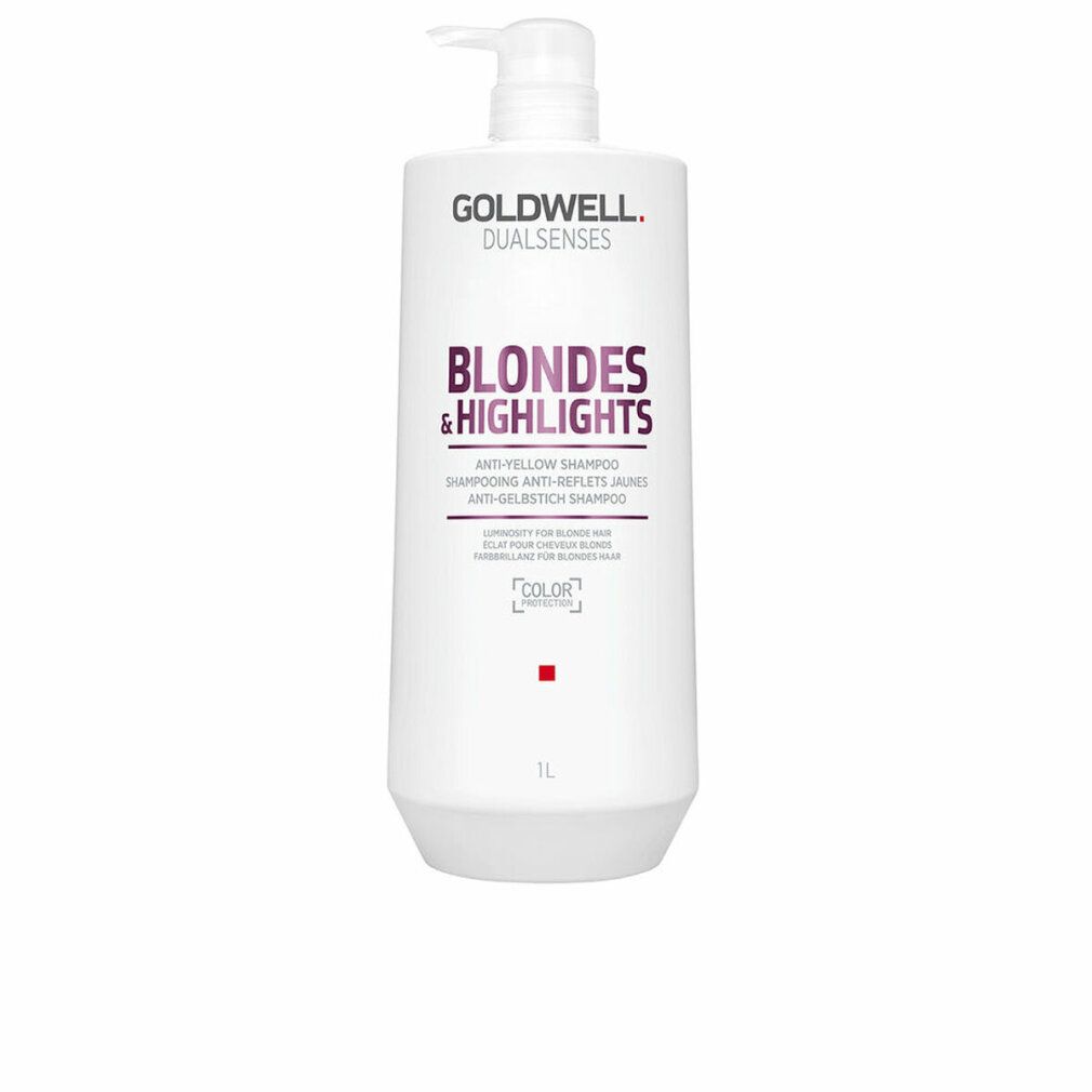 Weißer Goldwell Shampoo-Behälter mit Pumpe. Aufschrift: Blondes & Highlights, Anti-Gelbstich Shampoo. 1L.