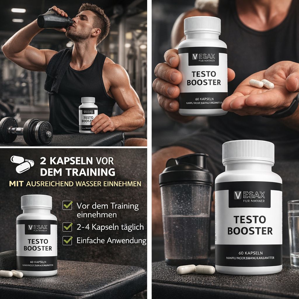 Mehrere Bilder. Vesax Testo Booster Flasche, Kapseln, Mann trinkt, Mann hält Kapseln, Shaker, Anweisungen.