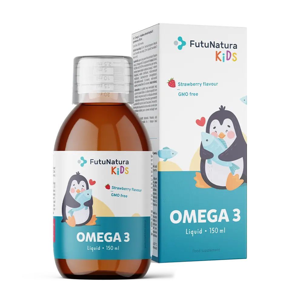 Braune Flüssigkeit in einer Flasche mit Etikett und Karton. Aufschrift: FutuNatura Kids Omega 3. Abbildung eines Pinguins.